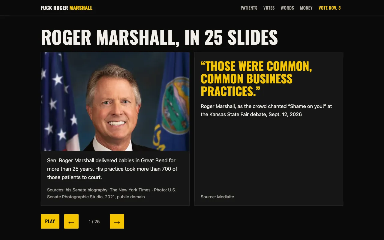 a 25-slide carousel of photos, quotes and figures, each with its source