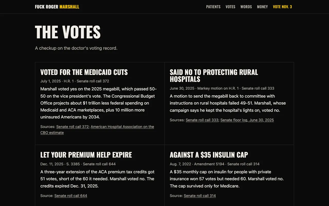 the votes section, each card linked to its official roll call