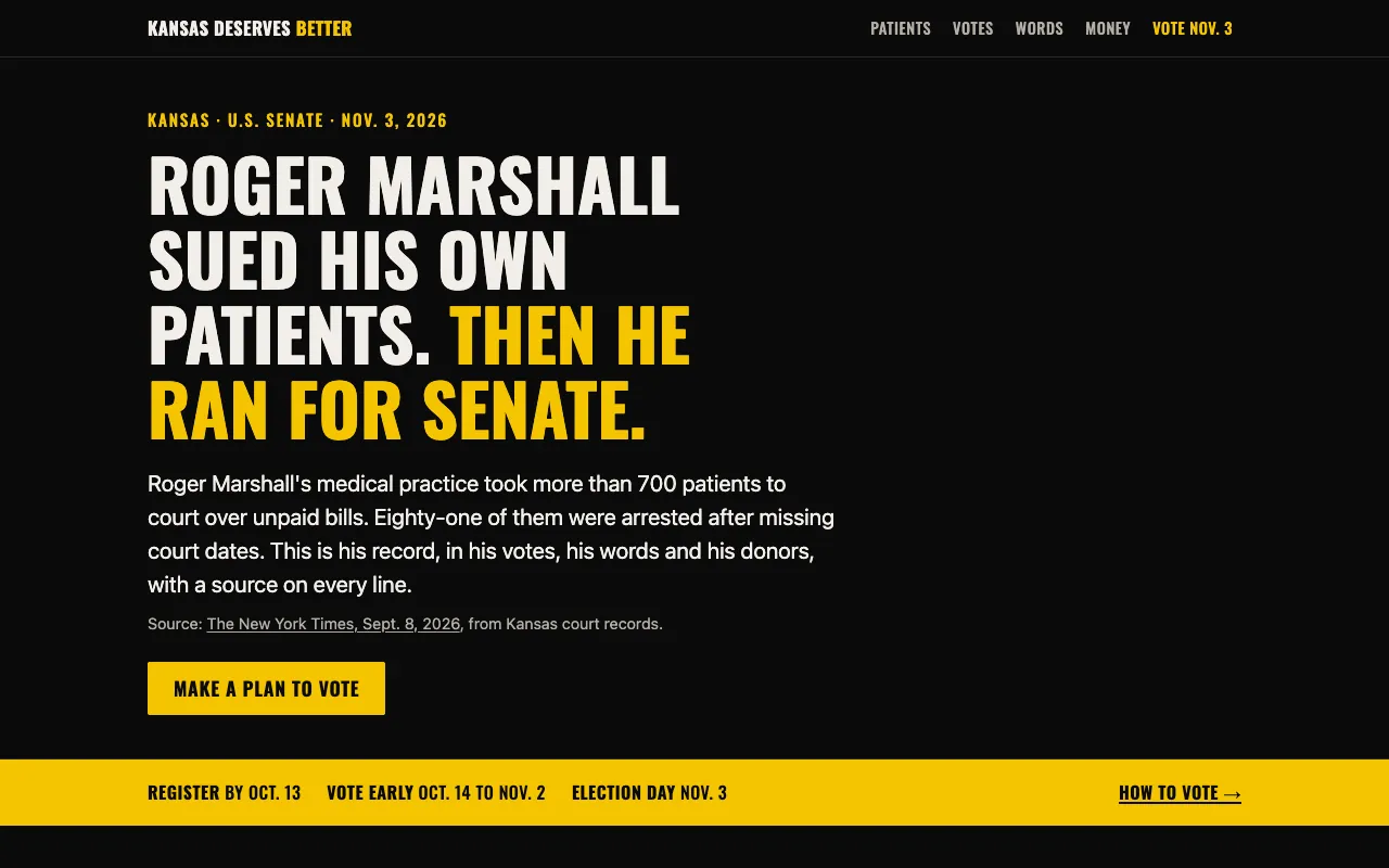kansasdeservesbetter.com home page: Roger Marshall sued his own patients. Then he ran for Senate.