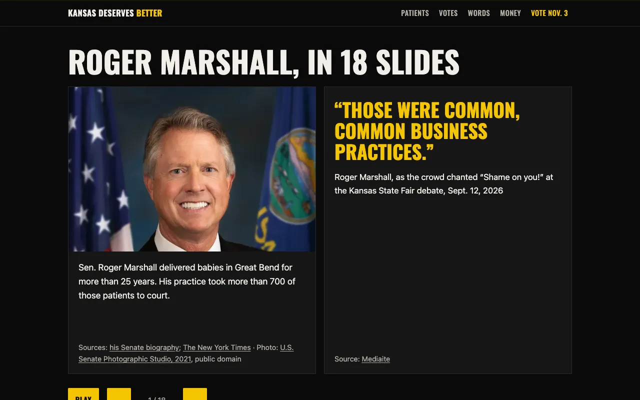 an 18-slide carousel of photos, quotes and figures, each with its source