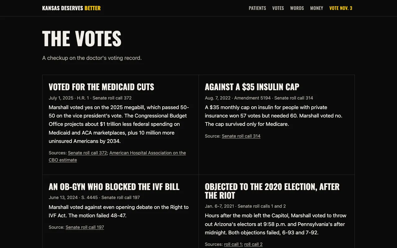 the votes section, each card linked to its official roll call