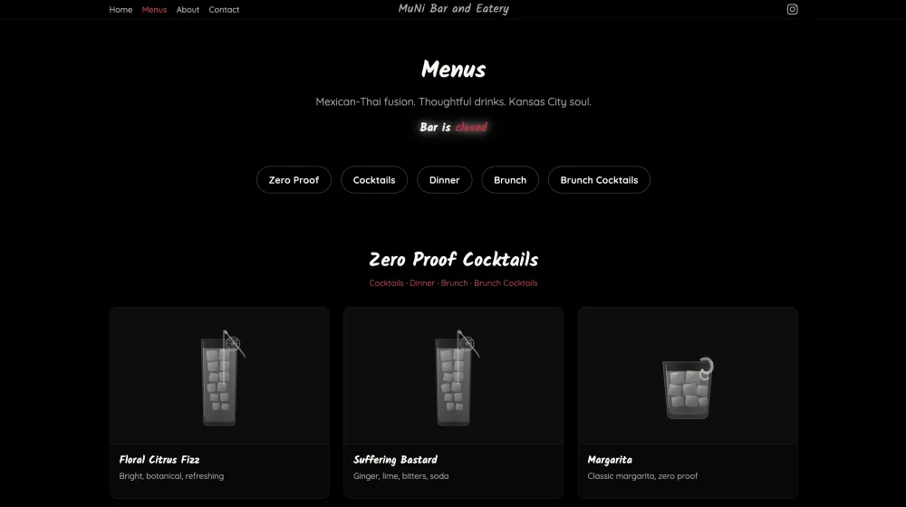 muni kc menus page with zero proof cocktails grid