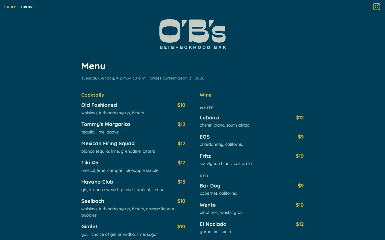 the o'b's menu page with cocktails and wine